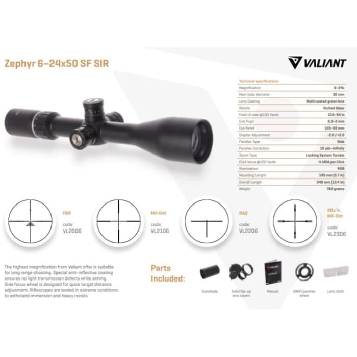 SCOPE - VALIANT ZEPHYR VL2106 6-24X50 SF SIR MIL DOT - Rifle