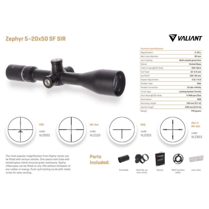 SCOPE - VALIANT ZEPHYR VL2303 5-20X50 SF SIR 1/2 MIL DOT - 