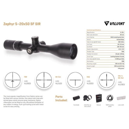 SCOPE - VALIANT ZEPHYR VL2303 5-20X50 SF SIR 1/2 MIL DOT - 